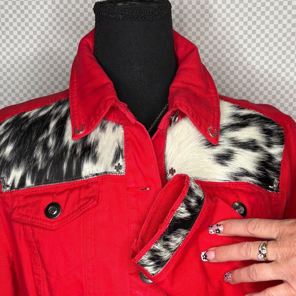 OOAK Red Western Jean Jacket w/B&W Genuine cow hide, silver conch accents - L